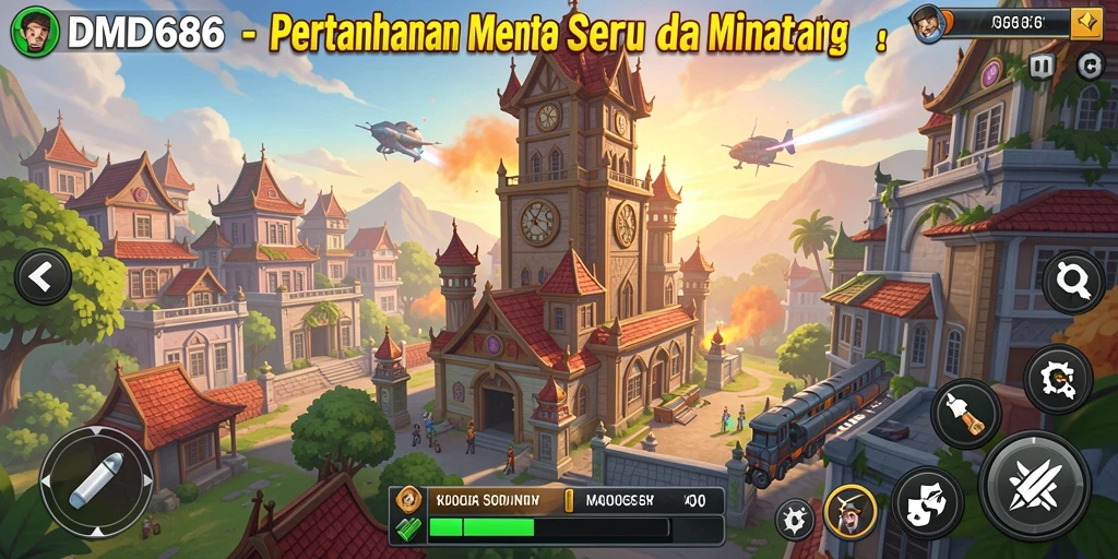 Tangkapan layar gameplay DMD686 menampilkan menara pertahanan yang strategis.