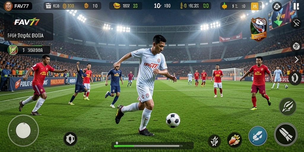 Screenshot menampilkan aksi intens dalam game sepak bola.