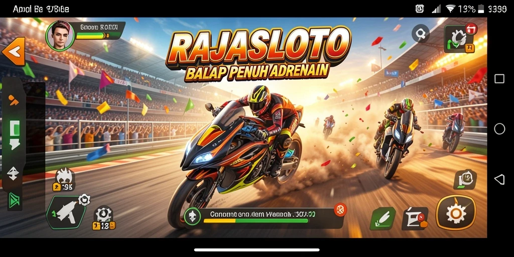 Screenshot utama gameplay RAJASLOTO menunjukkan balapan seru di lintasan yang menantang.