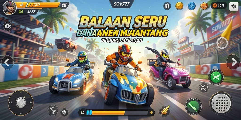 Screenshot gameplay SOV777 menunjukkan mobil balap melaju cepat di trek penuh tantangan.