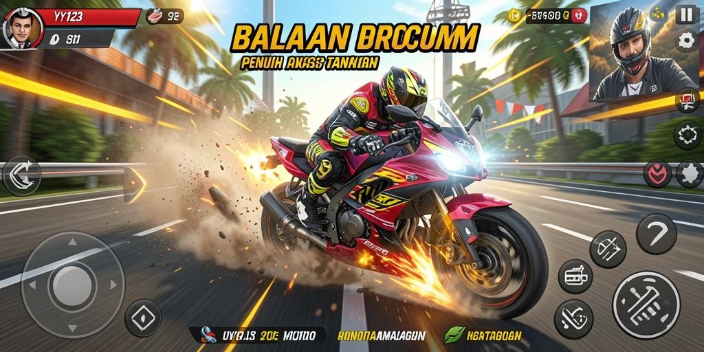Screenshot gameplay YY123 menampilkan balapan motor yang intens dan mendebarkan.